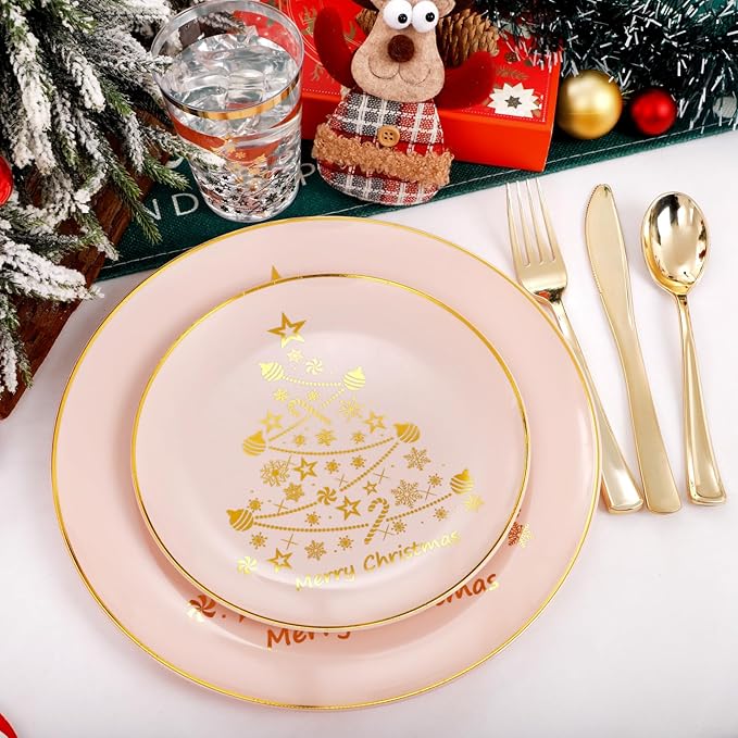 LIYH 150 Pcs Christmas Dinnerware Set Disposable - Pink and Gold Plastic Christmas Plates - Gold Tree Design, Plastic Silverware,Cups for 25 Guests for Xmas Day