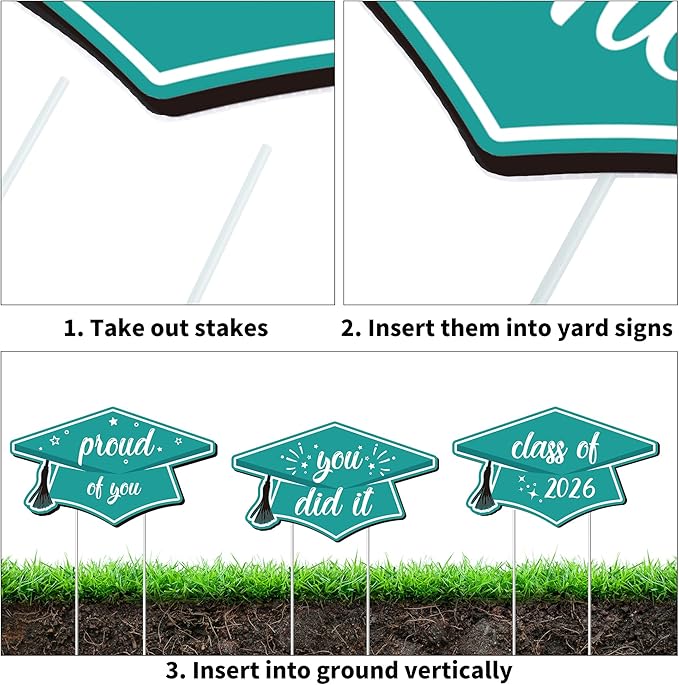 Aneco Waterproof 2026 Grad Yard Signs Plastic Graduation Yard Signs Party Outdoor Lawn Decorations 16 Inches Glitter Congrats Grad Lawn Sign with Stakes for Outdoor Party Garden Decor (Teal)