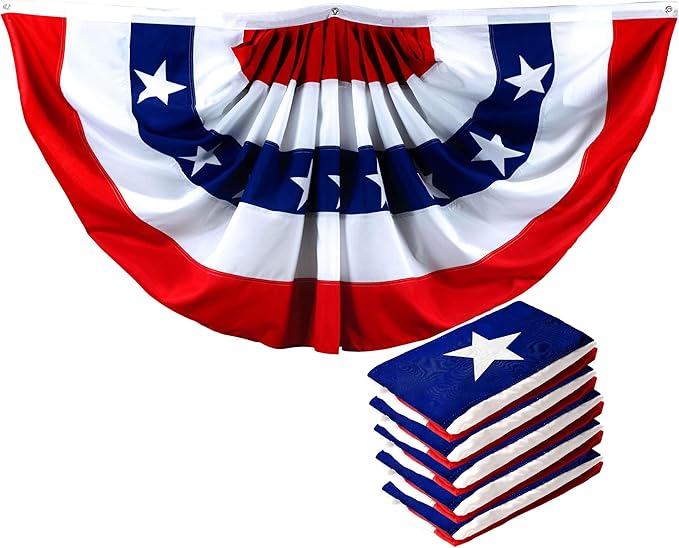 G128 5 Pack: USA Pleated Fan Flag, 2x4 Feet American USA Bunting Decoration Flags Printed Patriotic Stars & Stripes with Canvas Header and Brass Grommets