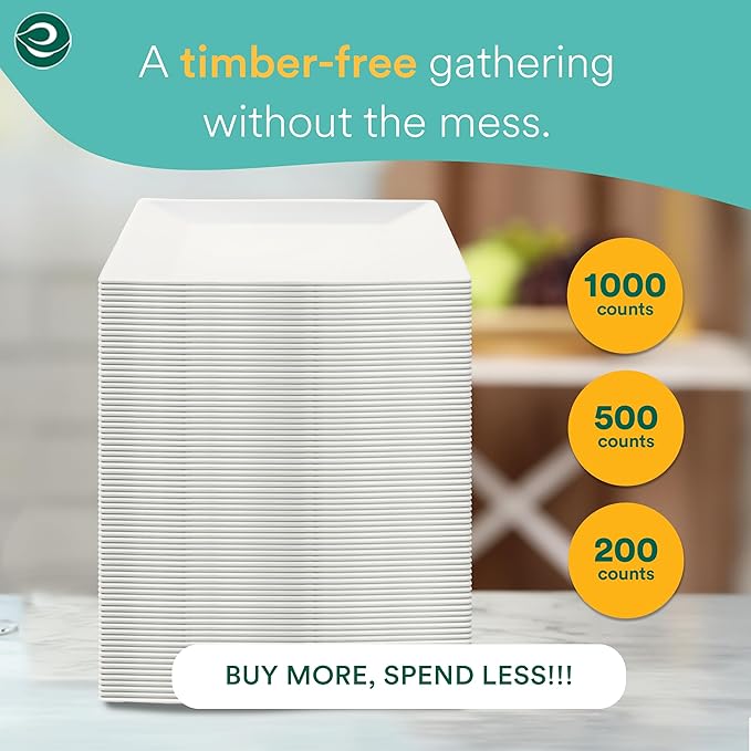 ECO SOUL 6 Inch Compostable Disposable Paper Plates [400 Pack] Food Safe 100% Virgin Bagasse Pulp Heavy Duty Biodegradable Microwave Safe Small Square Dessert Plate for Party, Picnic & BBQ (White)