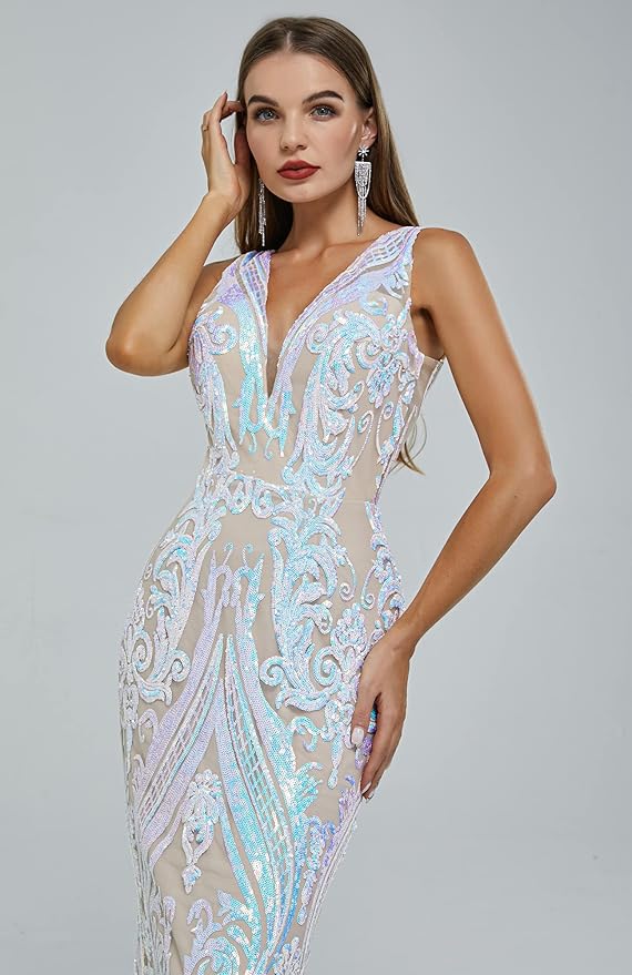 Women's Double V-Neck Sequins Lace-up Mermaid Evening Dress