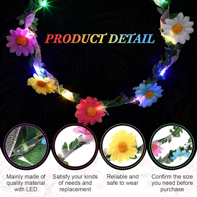 Syhood 40 Pcs LED Flower Headband, Light up Flower Crown Garland Headdress Floral Headpiece for Women Hair Accessories Bridal Shower Holiday Birthday Wedding Party(Sunflower Style)