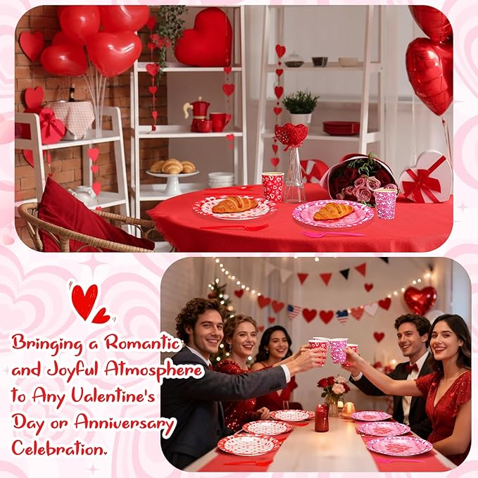 450 Pcs Valentines Tableware Set Decorations, Heart Love Design Paper Plates Napkins Cups Cutlery Straws for Kids Valentine's Day Galentines Day Party Supplies, Serves 50
