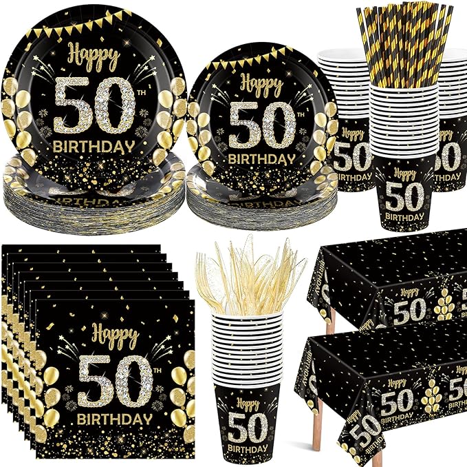 452 Pcs 50th Birthday Decorations for Men, Black and Gold 50th Birthday Paper Plates Cups Napkins Tablecloth Cutlery Straws for Men Women 50 Year Old Party Supplies for 50 Guests