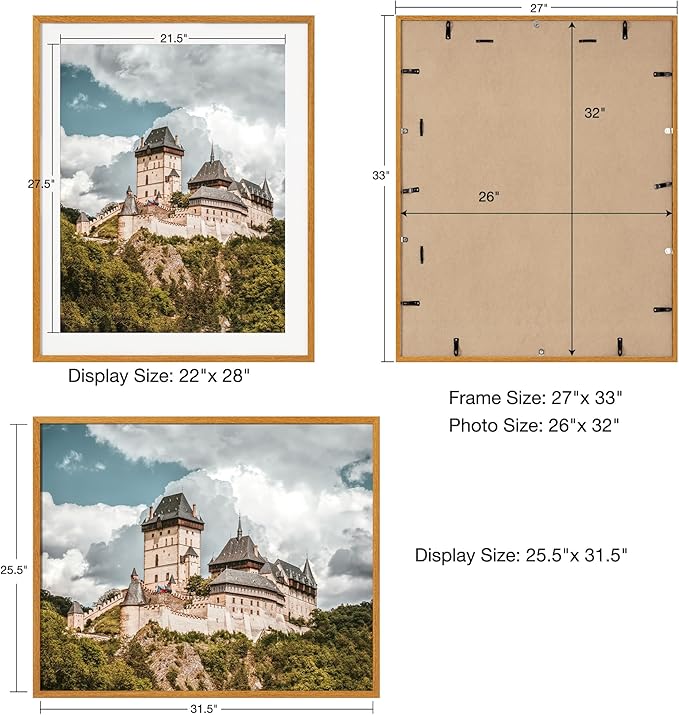 Axeman 26x32 Frame - Solid Teak Wood 26x32 Poster Frame With Mat for 22x28, 32x26 Wood Picture Frame, Tempered Glass and Hanging Hardware Included Home Decor Art Hanging Frame, Natural Teak