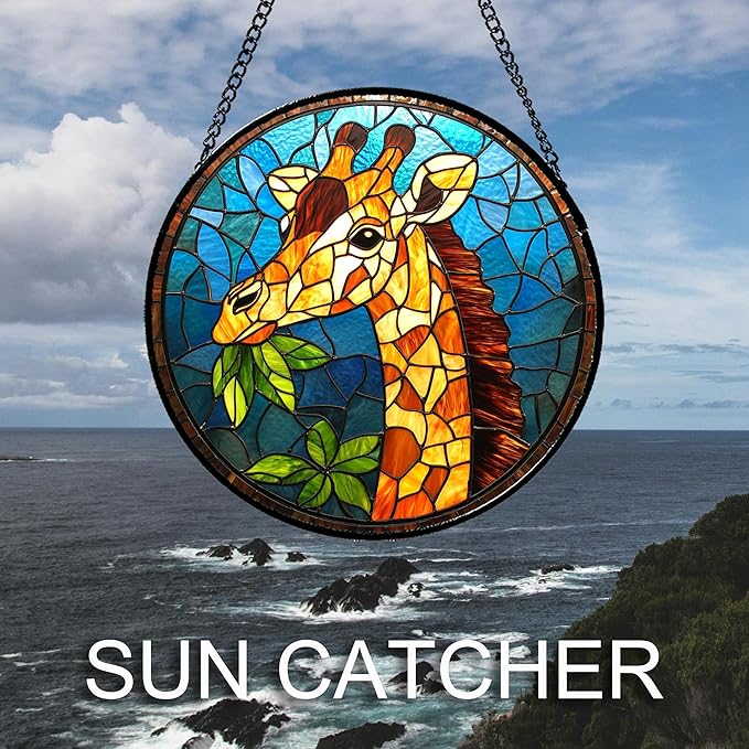 Stained Glass Window Hanging Orange Giraffe Blue Green Leaves Large 11.8" - Suncatcher Door Garden Sunroom Sun Catcher Home Decor Birthday Christmas for Mom Men Woman Nana
