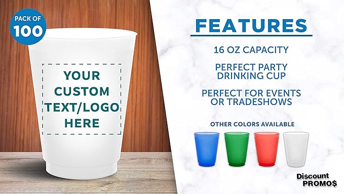 DISCOUNT PROMOS Custom Frosted Plastic Stadium Cups, 100 pack, Promotional Text, Logo, 16 oz. Shatterproof Flexible Reusable Party Cups– Pearl White
