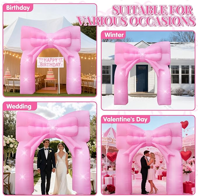 9FT Pink Bow Inflatable Arch Outdoor Decorations Giant Blow-up Pink Bow Arch Built-in 5 LED Lights for Birthday Party Decor Wedding Bachelorette Bridal Coquette Supplies for Women Yard Garden Lawn