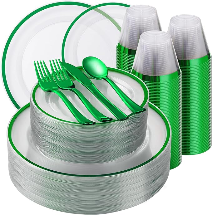 Beststar 350PCS Green and Clear Plastic Dinnerware Sets for 50 Guests, Include 100 Green Disposable Plates, 100 Forks, 50 Knives, 50 Spoons, 50 Cups