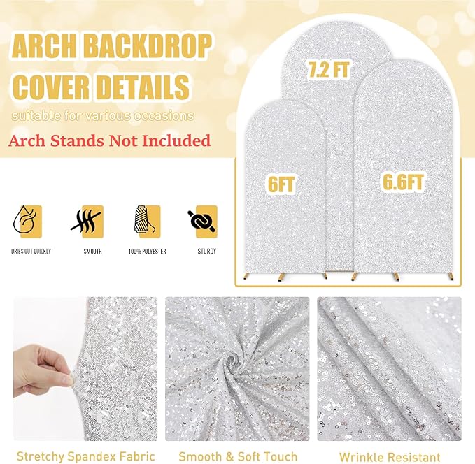 FUHSY Silver Arch Cover Set of 3 Arch Backdrop Cover 7.2FT/6.6FT/6FT Sparkle Sequin Chiara Backdrop Covers Spandex Wedding Arch Stand Covers for Party Birthday Banquet Ceremony Graduation Decor