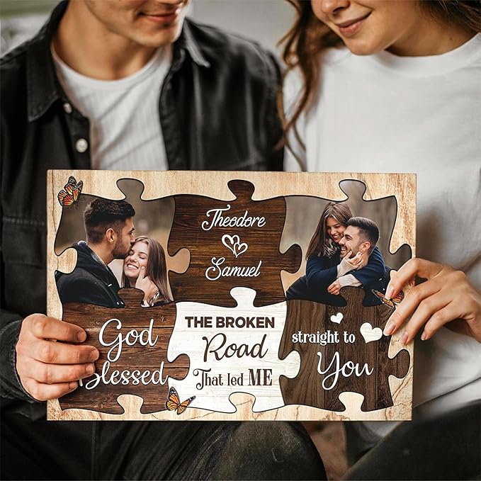 Dem Canvas Personalized Couple Canvas Prints, Custom Love Photo And Name, Puzzle Piece Frame God Blessed The Broken Road, Wedding Gifts For Couple Anniversary Engagement Gift For Couples