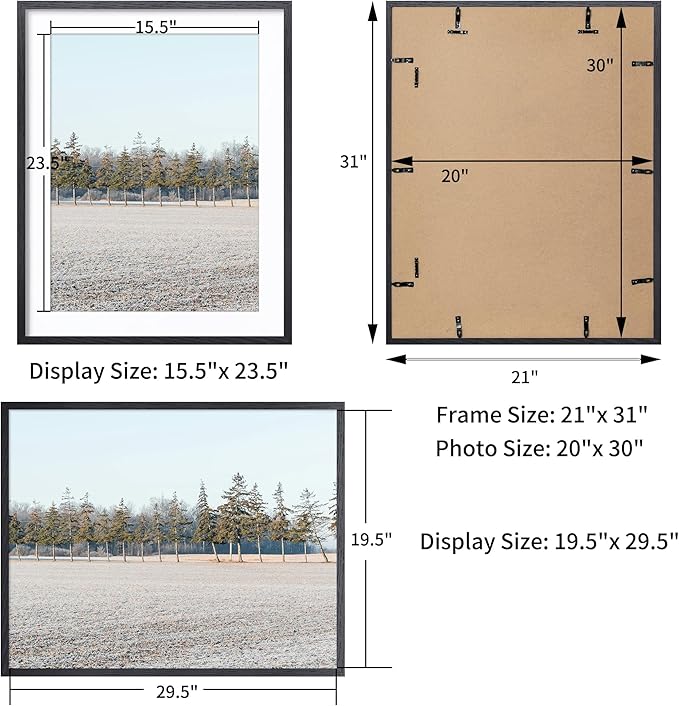 Axeman 20x30 Picture Frame with Mat for 16x24, Solid Oak Wood Poster Frame with Tempered Glass, Wooden 20''x30'' Minimalist Photo Frame with Wall Hooks Puzzle for Art Photo and Prints, Black