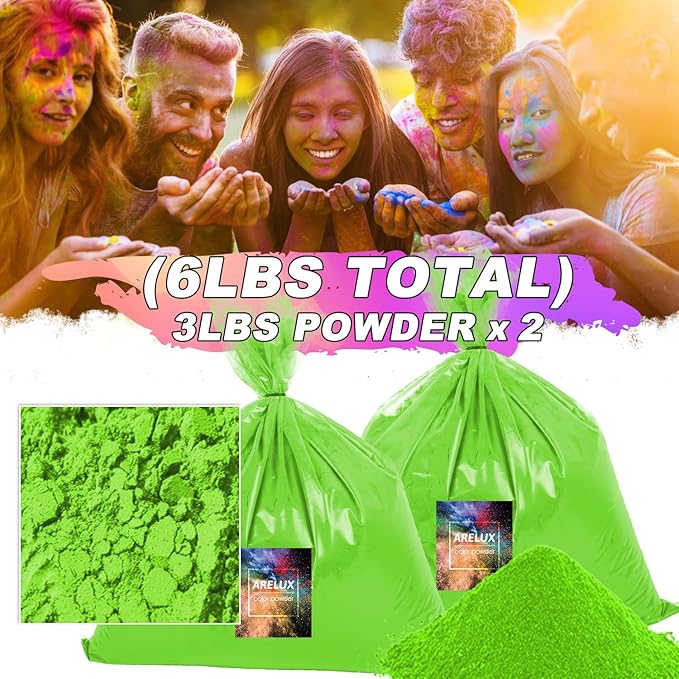 ARELUX Bright Green Color Powder - 6lbs Bulk (2x3lb) for Color Wars, Powder War & Fun Events | Durable Individual Packets, Vibrant Holi Powder for Gender Reveal, Run, Rangoli, Parties | Non-Toxic