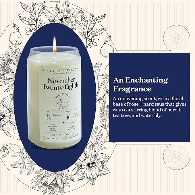 Birthdate Candles, November 28 - Sagittarius Zodiac Scented Candles Birthday Gift - Rose, Neroli & Water Lily Scent - All-Natural Soy & Coconut Wax, 60-80 Hour Burn Time - Made in USA