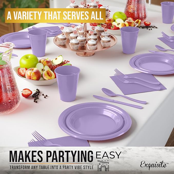 350 Pcs Lavender Plastic Plates For Party, Lavender Disposable Plates Set, 50 Of Each 9" Dinner Plate Set, 7" Dessert Plate, Cups, Napkins & Cutlery Plastic Dinnerware Exquisite