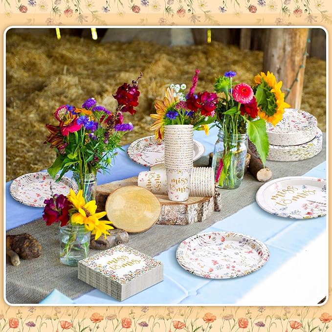 Zhehao 250 Pcs Miss to Mrs. Bridal Shower Plates Napkins Sets 50 Pcs 9'' Dinner Plates and 7'' Dessert Plate and 9oz Cups 100 Napkins Serves 50 Party Supplies Bridal Shower Engagement Decoration