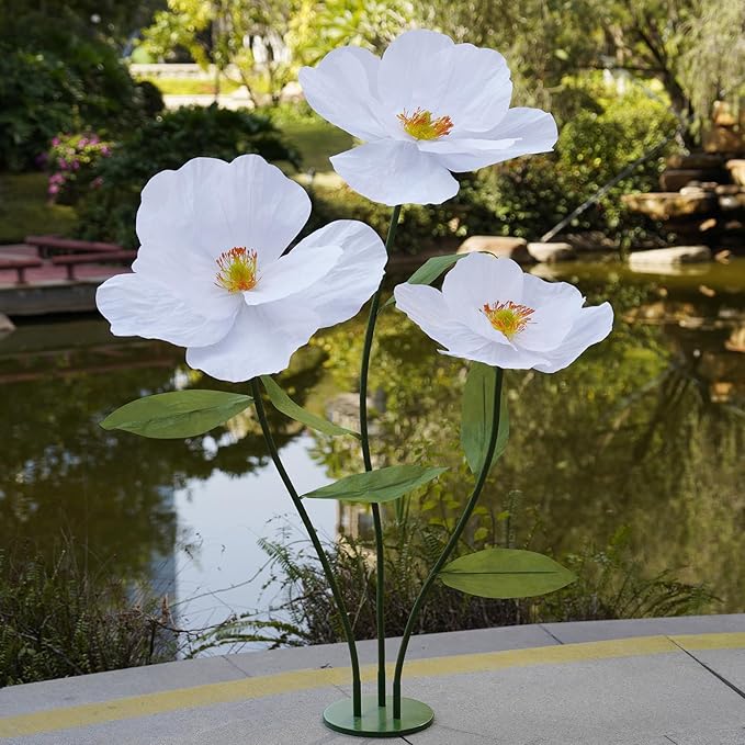 Large Paper Artificial Flowers,Giant Flowers for Decoration,Huge Handcrafted Poppy Fake Flowers with Stand for Home Decor Bridal Shower Party Outdoors Yard Event Backdrop Decor (White)