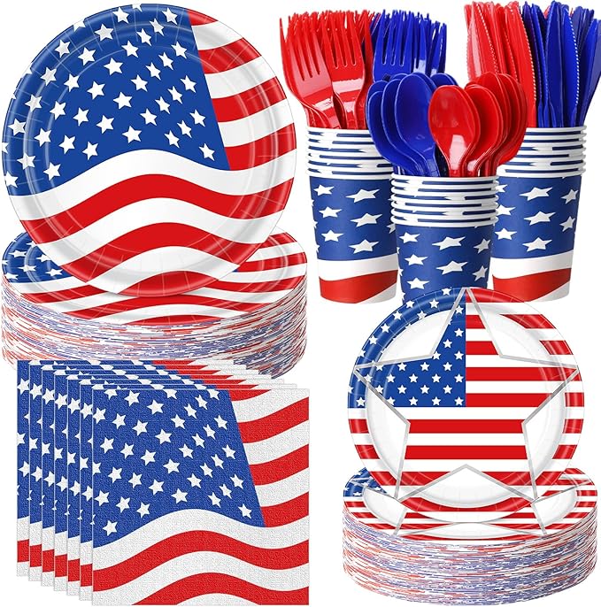 400 Pcs American Flag Patriotic Party Supplies Labor Day Disposable Paper Plates Napkins and Cups Veterans Election Tableware for Independence 4th of July Memorial Day(Novelty)