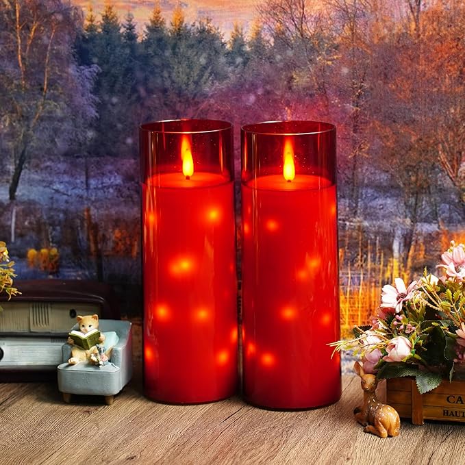 Waterproof Outdoor Candles with Timer & Remote - Battery Operated LED Candles, Realistic Flameless Plastic Pillar, Pack of 2 (4" D x 11" H, Red) for Patio, Garden Camping Rainy Weather
