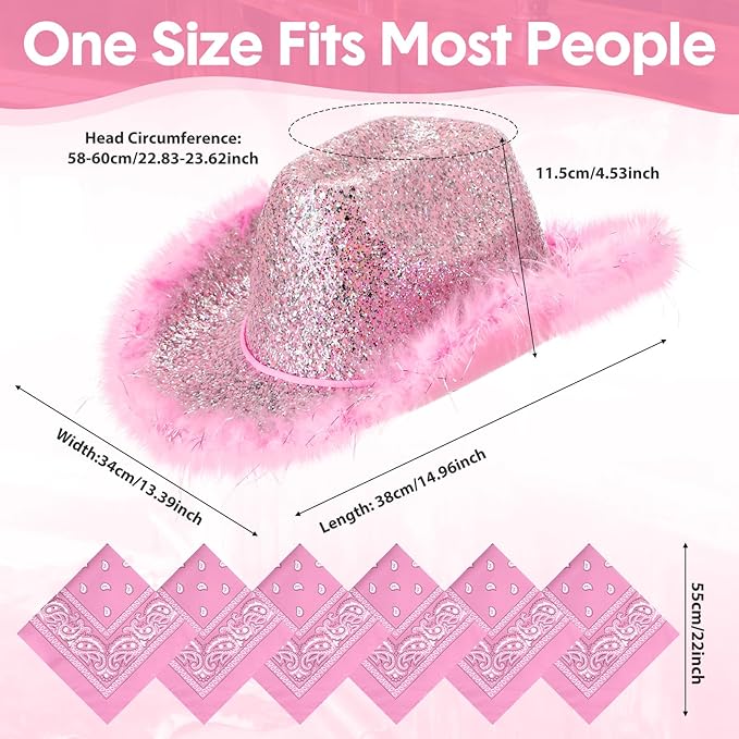 Coume 12 Pcs Sparkly Adults Cowboy Hat and Bandanas Women Men Western Glitter Cowgirl Party Hats with Adjustable Drawstring