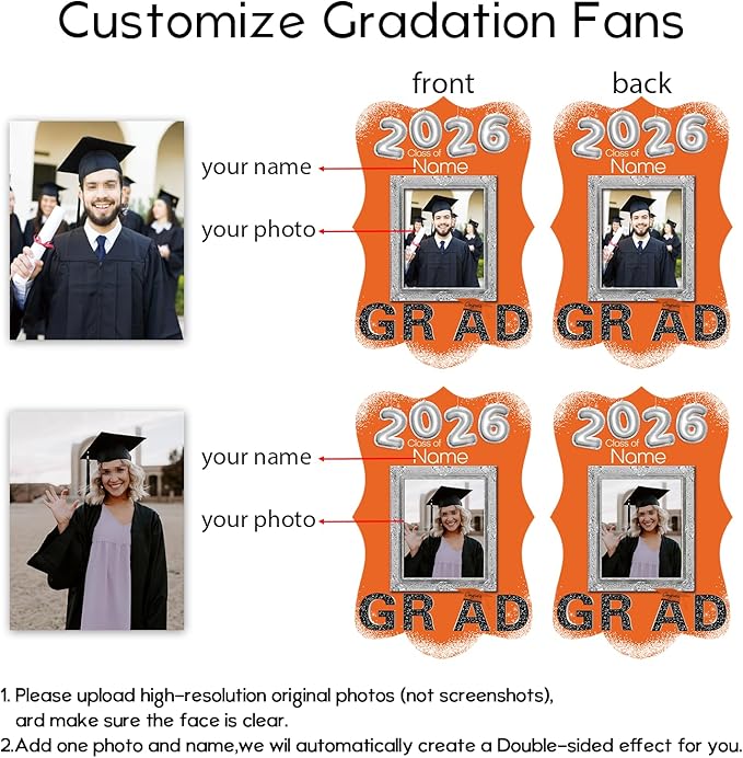 Personalized Graduation Double Sided Face Fan Class of 2026 Customized Graduation Head Face Cutout with Handle Fun Photo Prop Supplies(A-Orange and Black,24pcs)