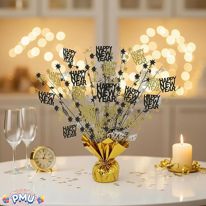 PMU 12Pc New Year's Eve Bursting Centerpiece for Table Decor, Table Balloon Weights| for Theme Party Decorations Supplies Gold |15in