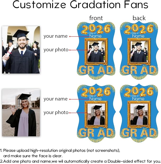 Personalized Graduation Double Sided Face Fan Class of 2026 Customized Graduation Head Face Cutout with Handle Fun Photo Prop Supplies(A-Sky Blue and Gold,12pcs)