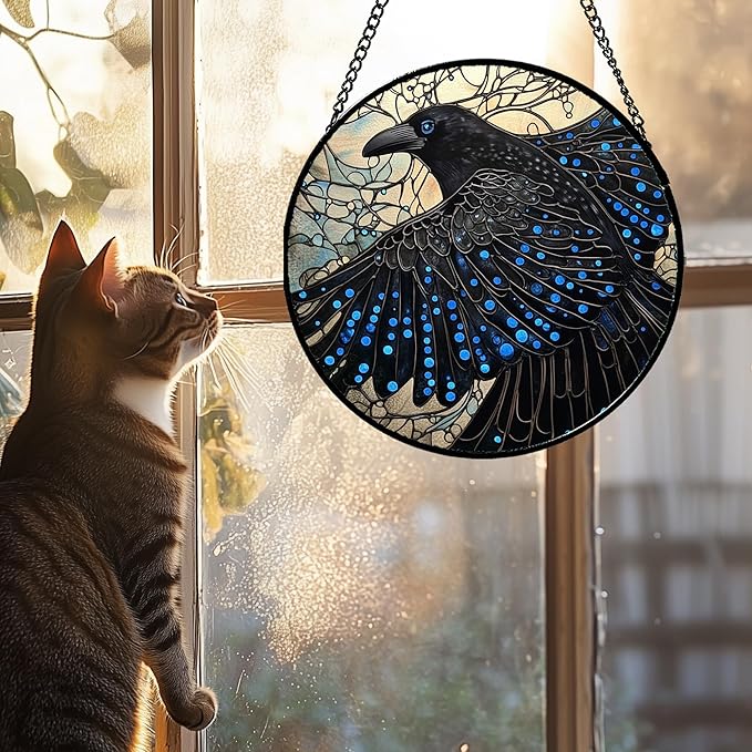 Stained Glass Window Hanging - Black Crow Big Wings Suncatcher for Doors Garden Patio Bird Sun Catchers Decor Christmas Mother's Day Birthday Gifts for Women Men Mom Nana Friend 9.8 in