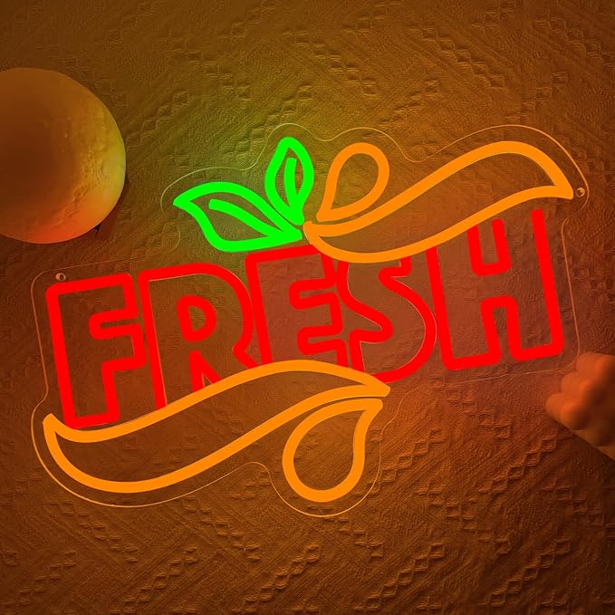 Fresh Neon Sign, Fresh Led Neon Light Signs for Wall Window Store Decor Fruit Store Business Light Up Sign for Fresh Produce Store Coffee Shop Light Bites Restaurant Dimmable USB Powered(16.9"*11.4")