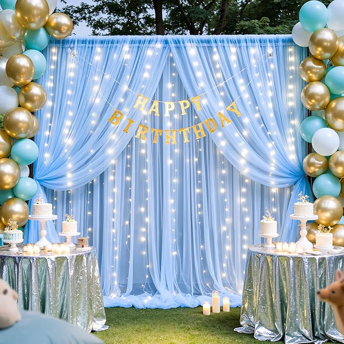 Baby Blue Backdrop Curtains with Lights String for Baby Shower Parties 2 Panels 5×10ft Sheer Tulle Backdrop Curtain Panels for Birthday Party Bridal Shower Photo Shoot Background Wall Decorations