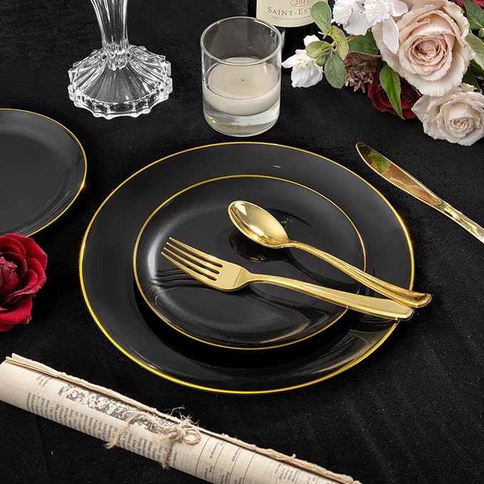 KIRE 350 PCS Plastic Dinnerware Set for 50 Guests - Black and Gold Plates 50 for Dinner 50 for Dessert & 50 Pre Rolled Napkins with Disposable Silverware 50 Cups for New Year/Banquet/Wedding