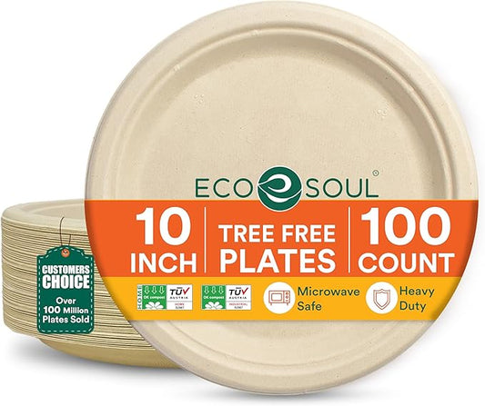 ECO SOUL 10 Inch Compostable Disposable Paper Plates [100 Pack] Food Safe 100% Virgin Bagasse Pulp Heavy Duty Biodegradable Microwave Safe Large Round Dinner Plate for Party, Picnic & BBQ (Brown)