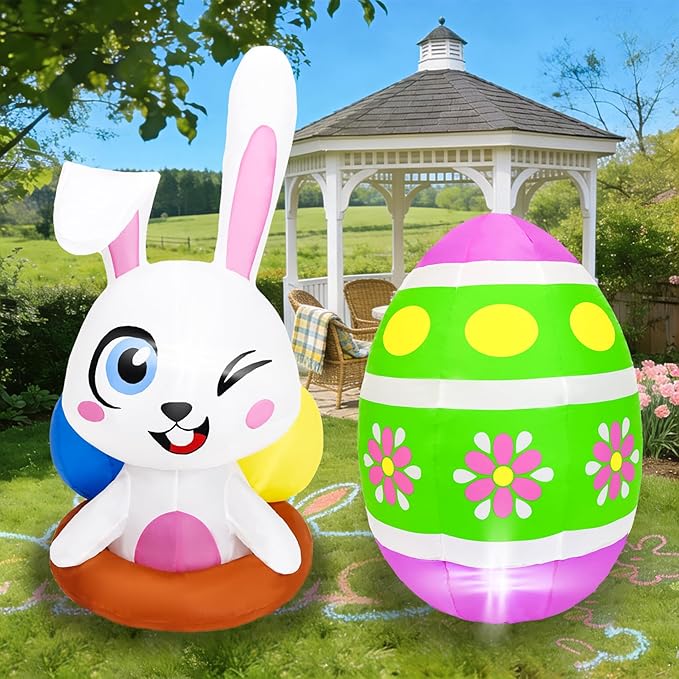 Dearsun 4FT Inflatable Easter Bunny& Egg Blow up Outdoor Yard Decorations, Easter Inflatables with LED Lights for Holiday Party Indoor Outdoor Décor