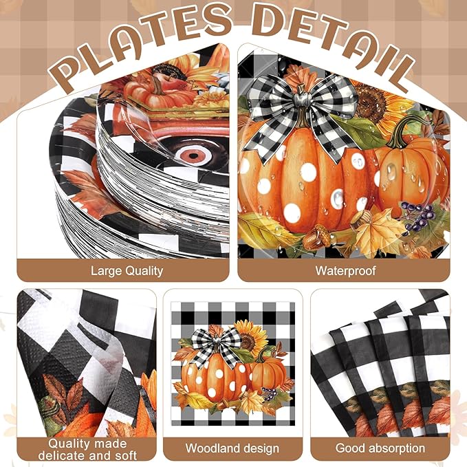 452 Pcs Fall Thanksgiving Party Decorations, Black White Buffalo Plaid and Orange Pumpkin Maple Leaves Paper Plates Napkins Cups Tablecloth Cutlery Straws for Autumn Harvest Party Supplies