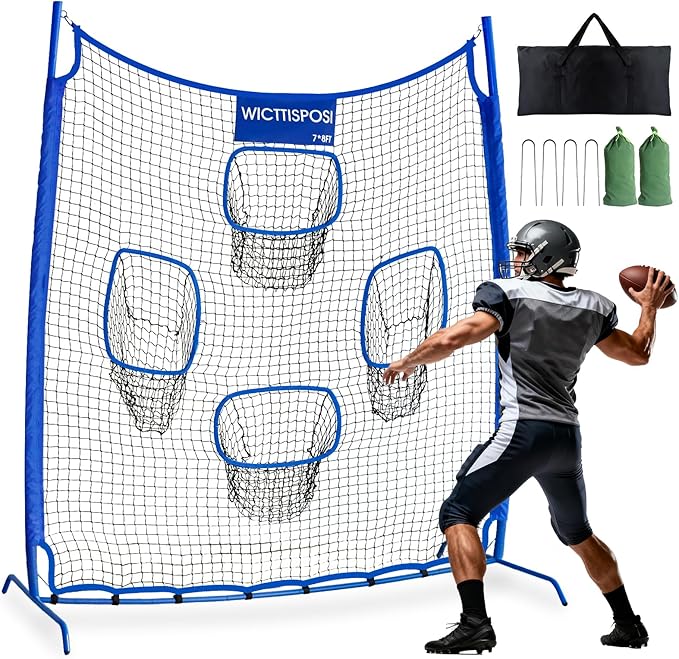 Football Throwing Net, Upgrade Heavy Duty Metal Frame Quarterback Training Equipment Throwing Machine with 1-4 Targets, Easy Setup Football Target Practice with CarryBag, Allweather Indoor Outdoor Use