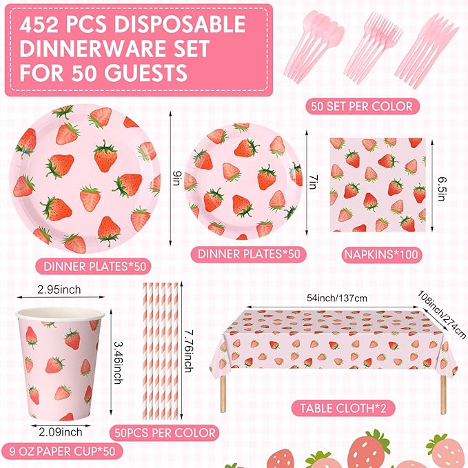 452 Pcs Strawberry Birthday Party Decorations, Strawberry Paper Plates Napkins Cups Tablecloth Cutlery Straws for Summer Fruit Theme Baby Shower Birthday Party Supplies