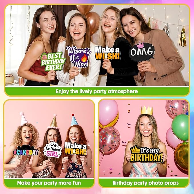 24 Pcs Birthday Photo Booth Props Single Sided 11.8" Photo Booth Props Birthday Parties Decorations Set DIY Water Proof Selfie Signs PVC Printing for Party Businesses