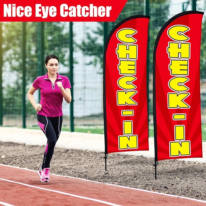 Buryeah 2 Sets Check-in Feather Flag 8 ft Check-in Advertising Banner Swooper Flag with Pole Kit and Ground Stake for Marathons and Special Events Outside, Red