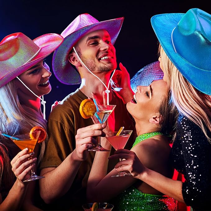 Coume 12 Pcs Cowboy Hat Sparkly Glitter Neon Cowgirl Hat for Women Holographic Space Cap for Bachelor Western Cowboy Party