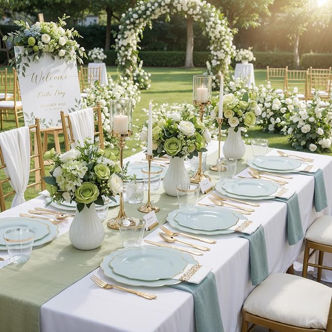 NOCCUR 175PCS Sage Green Plastic Plates with Gold Disposable Silverware - Include 50 Green and Gold Plastic Plates,25 Knives,25 Forks,25 Spoons,25 Cups and 25 Napkins - Ideal for Wedding/Spring Party