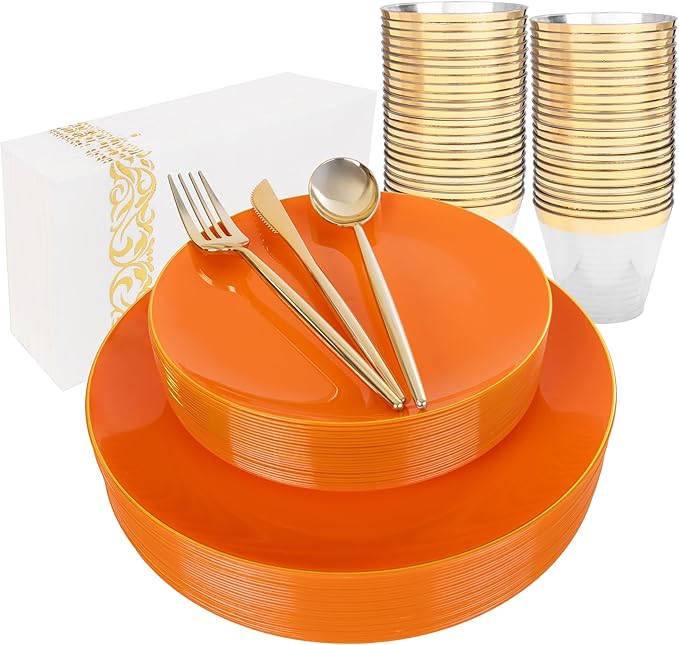 MirthMood 210PCS Orange Plastic Plates,Orange plastic Dinner Plates– Plastic Plates Set Includes 30 Dinner,30 Dessert Plate,30 Cup&50 Napkins, 30 Silverware for Wedding & Birthday Parties