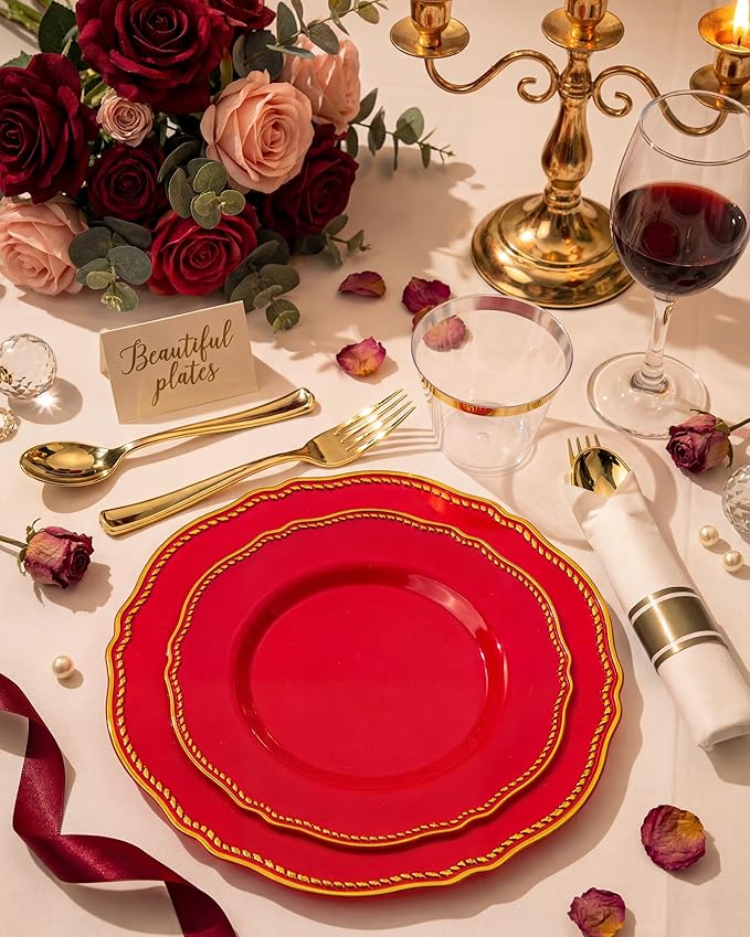 Hioasis 350pcs Red Gold Plastic Plates - Red Plastic Dinnerware Set Includes 50 Dinner Plates, 50 Dessert Dinnerware, 50 Cups, 50 Pre-rolled Napkins Perfect for Wedding & Party