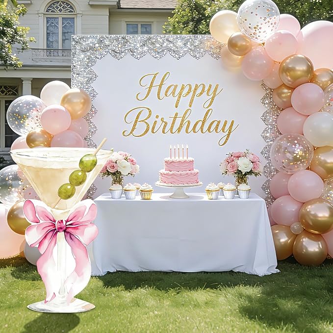 4ft Large Martini Pink Bow Cardboard Cutout A Tini Bit Older Birthday Standup Green Cocktail Glass Backdrop Decorations for Women Bar Coquette Bachelorette Bridal Shower Party Decor