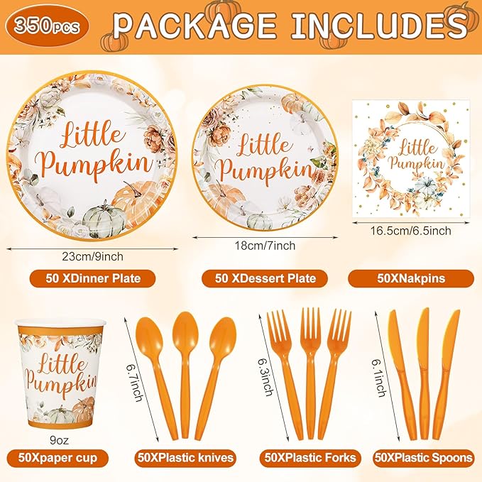 Dandat 350 Pcs Baby Shower Plates Set Baby Shower Party Supplies Serves 50 Tableware Sets Include Plates Napkin Cup Forks Knives Spoons Disposable Dinnerware(Little Pumpkin,Orange)