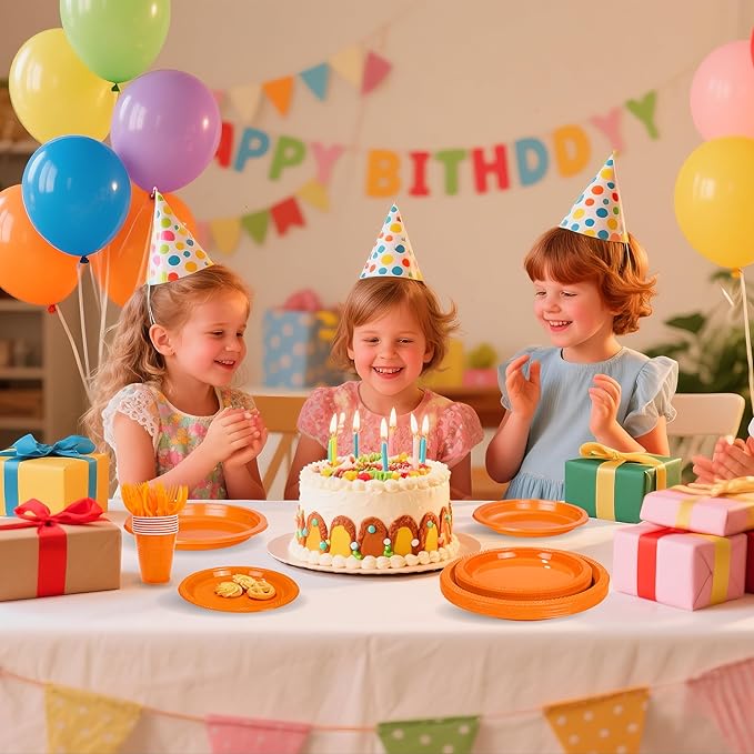 MirthMood 350PCS Orange Plastic Plates,Orange Disposable Plates Set– Plastic Plates Set Includes 50 Dinner,50 Dessert Plate,50 Cup&50 Napkins, 50 Silverware for Wedding & Birthday Parties