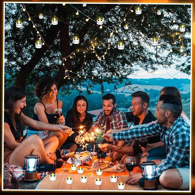 54 Pcs Solar Tea Lights Bulk Outdoor Waterproof Rechargeable Dusk to Dawn Lighting Small Valentine's Day Flameless Flickering LED Votive Candles for Garden Patio Party Lanterns (Amber)