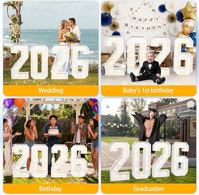 Marquee Light Up Numbers 2026, 3FT Large Number LED Lights Party Supplies, Giant DIY Pre-Cut Foam Board Set for Balloon New Year Christmas Birthday Wedding Back to School Graduation Class Decoration