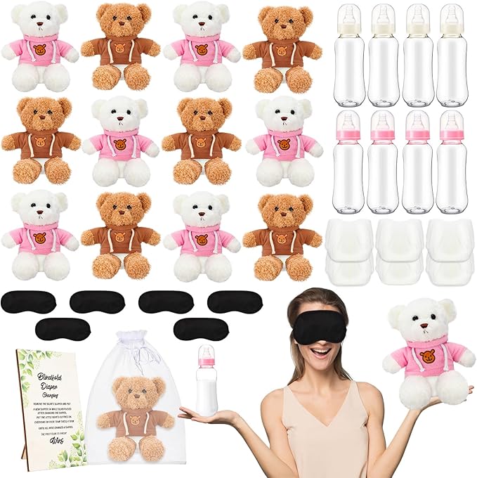 Vinsot 37 Pack Bear Blindfolded Diaper Changing Bottle Chug Games Set Boys Girls Funny Dolls Diapers for Gender Reveal Games Baby Changing Diaper Race Game Adult Prize Gift