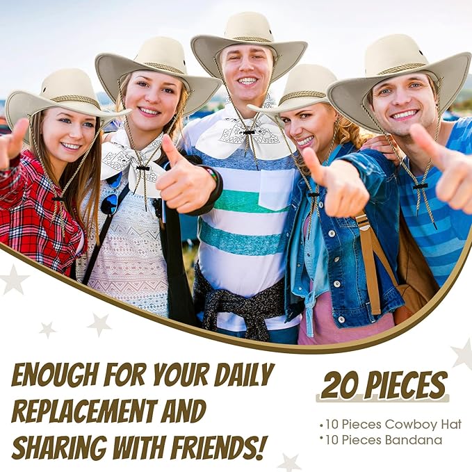 Coume 10 Set Cowboy Hat and Bandana for Women Men 10 Felt Cowgirl Cowboy Hat Bulk 10 Western Bandanas for Adult Costume Party