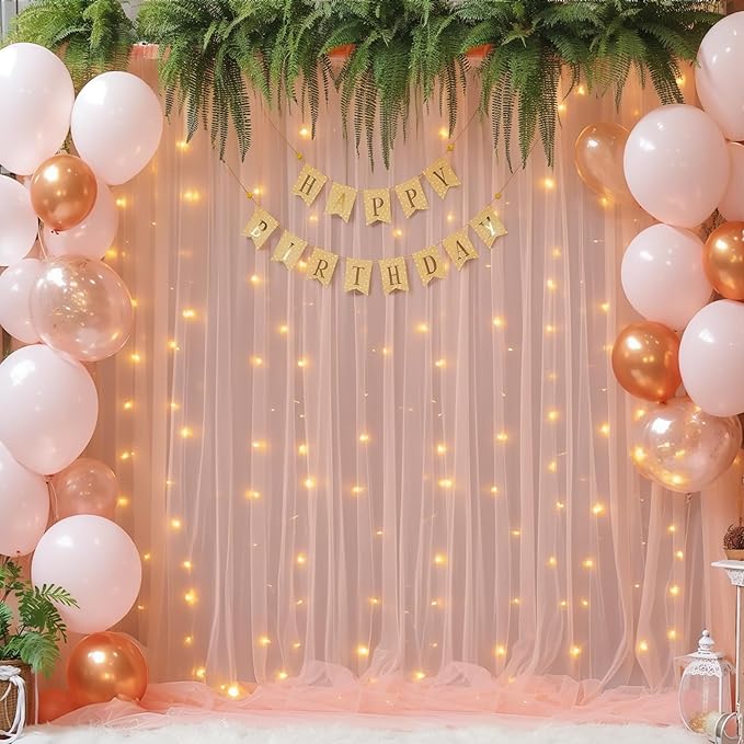30x10ft Peach Tulle Backdrop Curtain with Lights String for Parites, Sheer Photo Backdrop Curtains with Lights for Wedding Backdrop Ceremony Reception Bridal Shower Baby Shower Birthday Party
